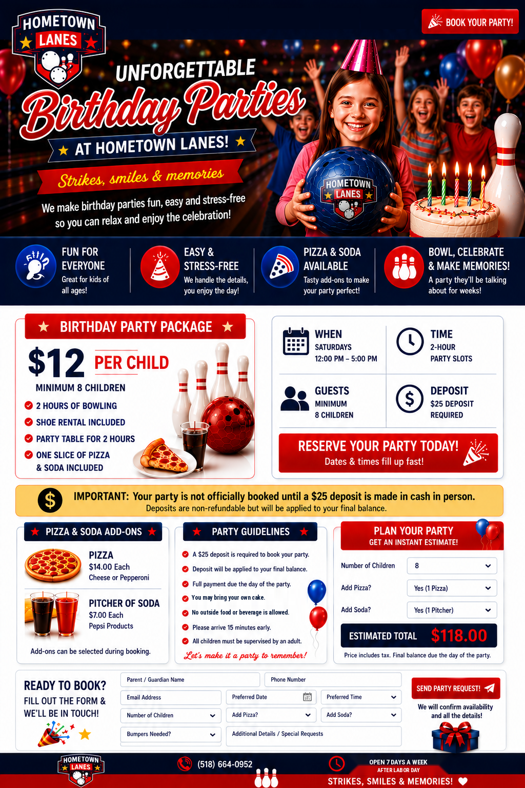Hometown Lanes birthday party information and booking page