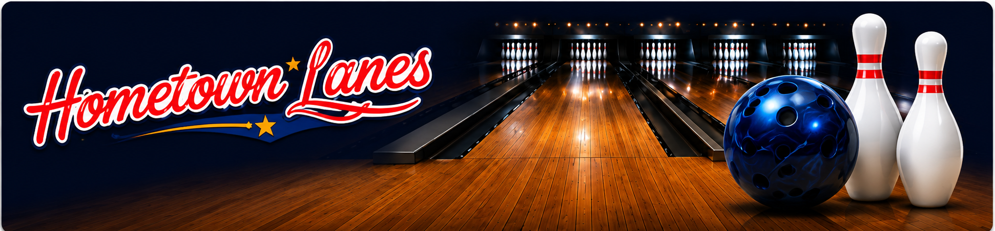 Hometown Lanes bowling lanes with bowling ball and pins